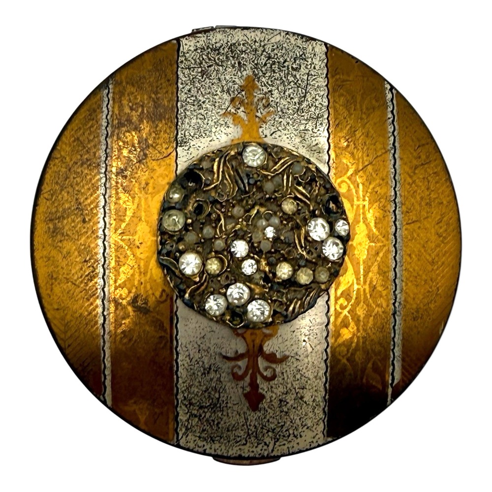 Dorset Fifth Avenue Rhinestone Compact Mirror Gold Tone Striped Round Vintage